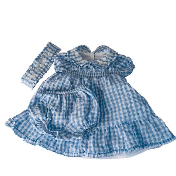 Tahari Blue White Gingham Collared Dress Bloomers Size 3-6 Months Embroidered - Picture 1 of 10
